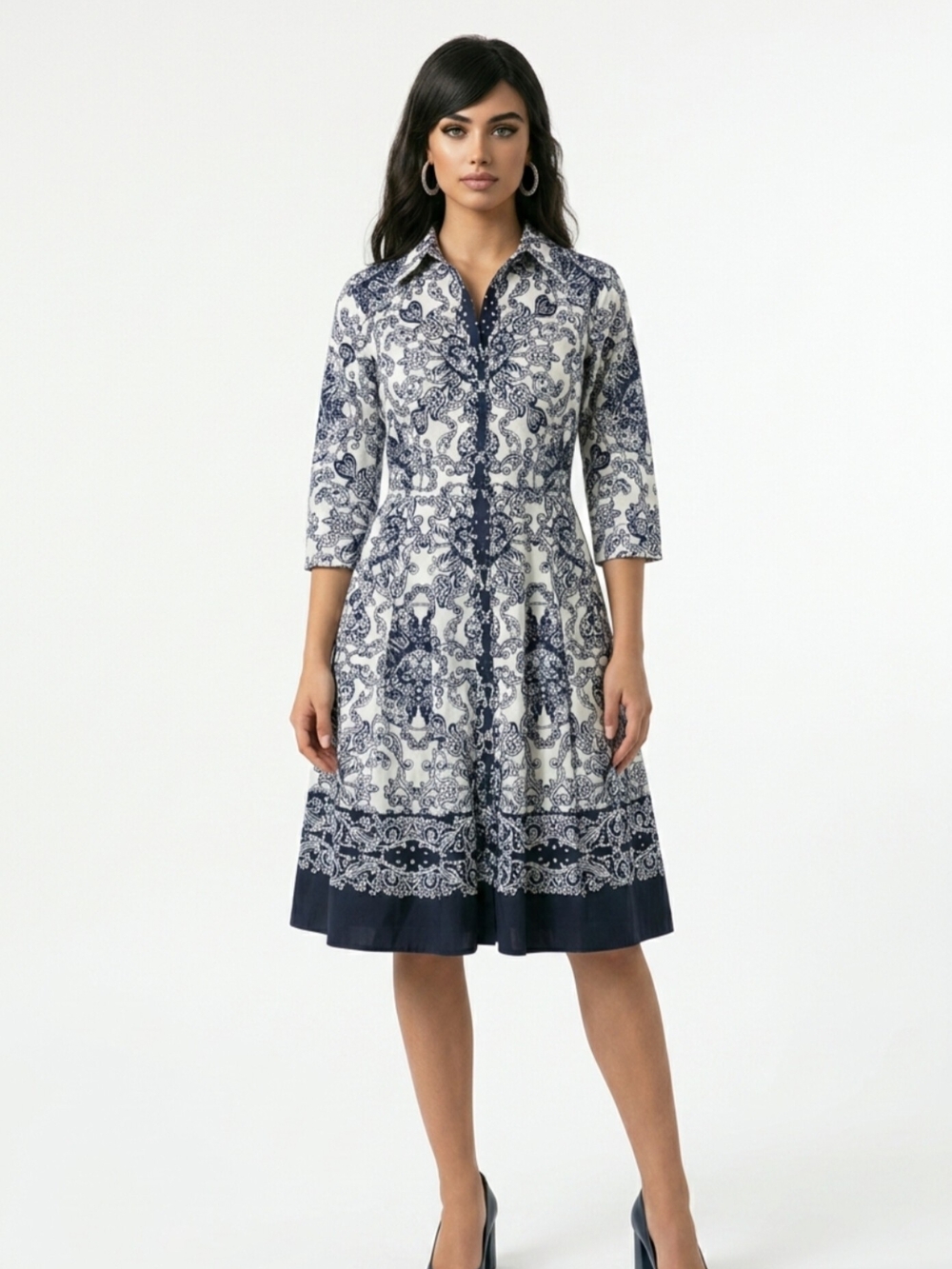 Samantha Sung Shirt Dress Size 4 Baroque Print Pleated Skirt Pockets
